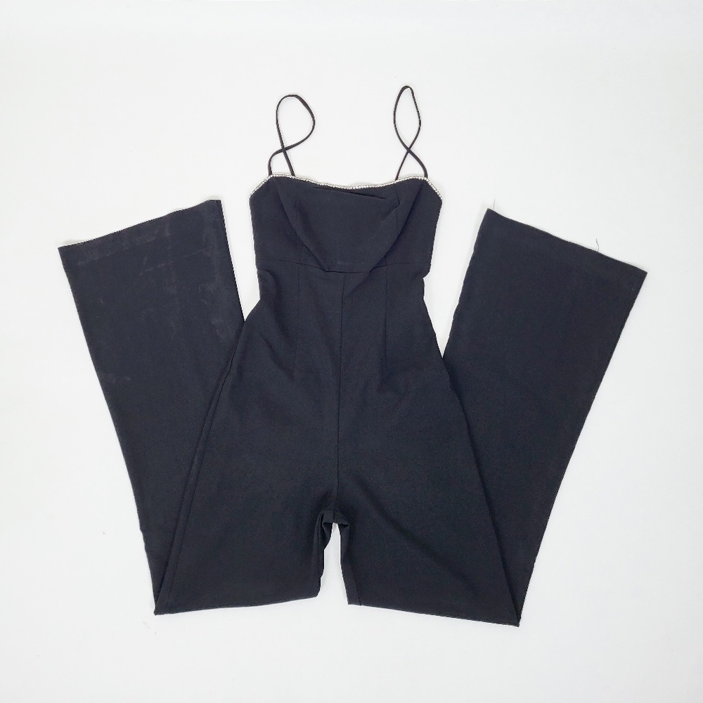 Y2K Rhinestone Flared Jumpsuit Spaghetti Straps Square neckline bell bottoms